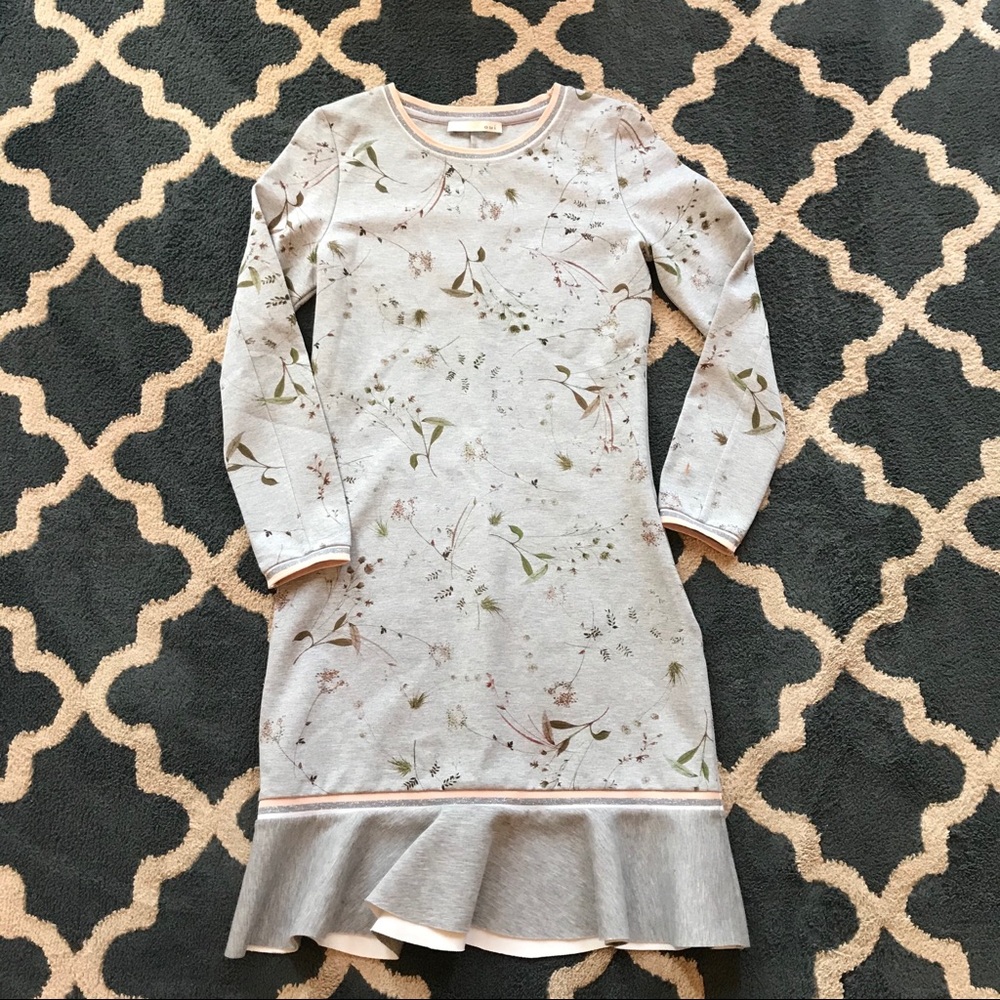 Oui gray floral sweatshirt dress size 36 ruffle